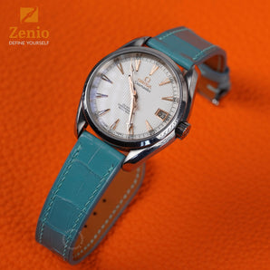 Glossy Baby Blue Alligator Slim Strap For Omega Seamaster