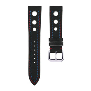 Black Swift Rally Leather Strap with Red & Blue Stitching
