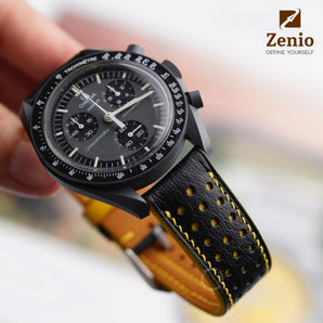 Black Alran Mix Yellow Leather Strap For Omega Swatch
