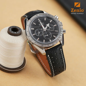 Black Alran Rally Leather Strap with White Stitching