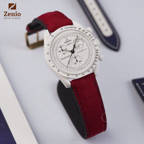 Burgundy Red Nubuck Strap For Moonswatch Moonphase - White