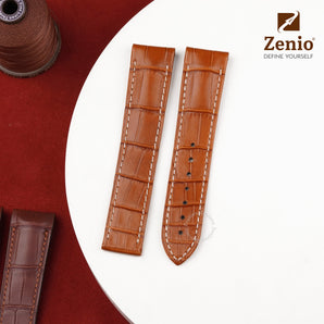 Curved-end leather straps for Omega Constellation Globemaster – Matte Cognac Brown alligator mix with white stitching.