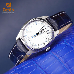 Curved end leather straps for Omega Constellation Globemaster - Matte Dark Navy Alliagtor mix with white stiches