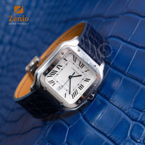 Matte Navy Round Scale Alligator Straps for Cartier Santos - New Clasp
