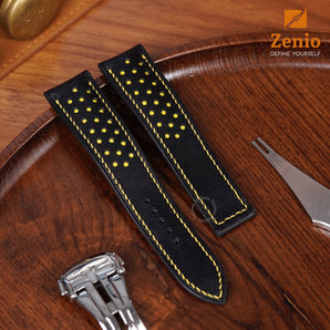 Black Alran Rally Strap Mix Yellow Stiching With Foldover Clasp For Omega Swatch